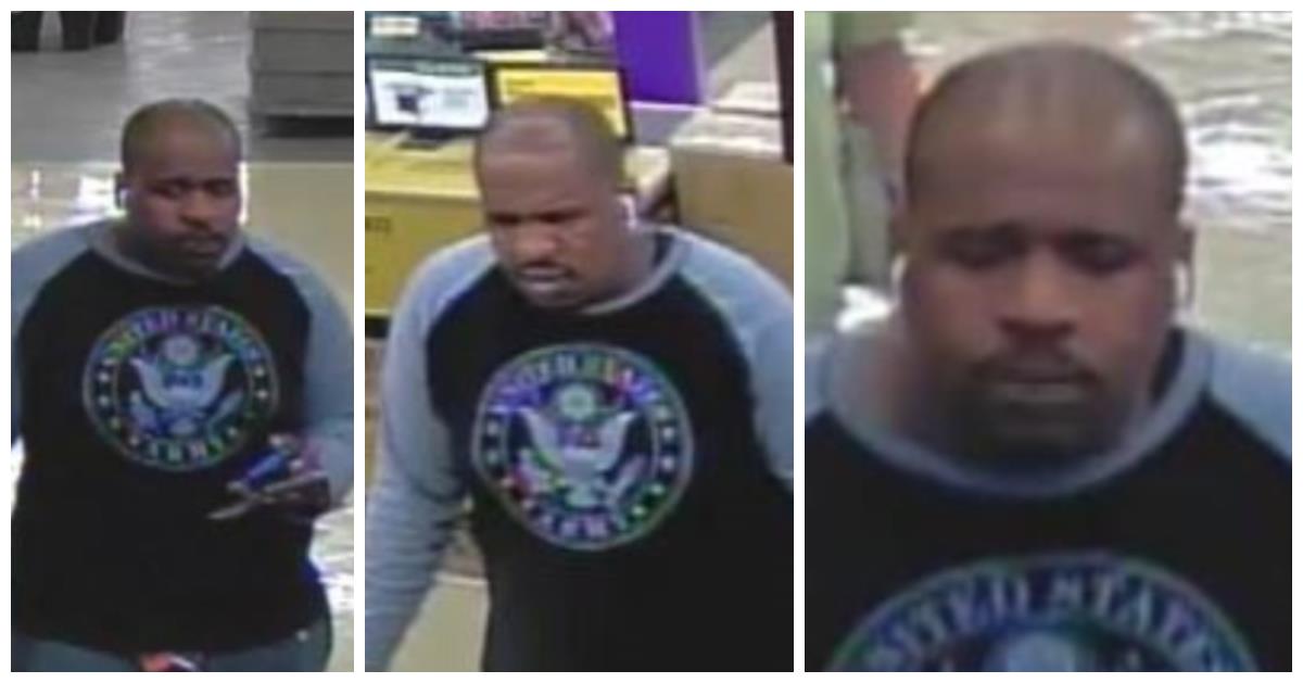 Photo collage of theft suspect wearing a gray and black baseball styled t-shrit pictured with eagle emblem. 